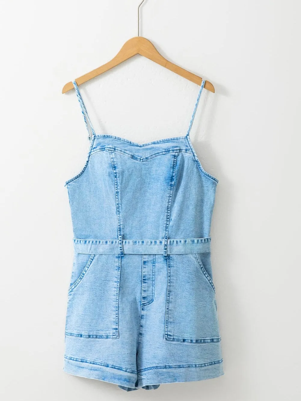 Belle Blue Denim Romper with Spaghetti Straps and Belt