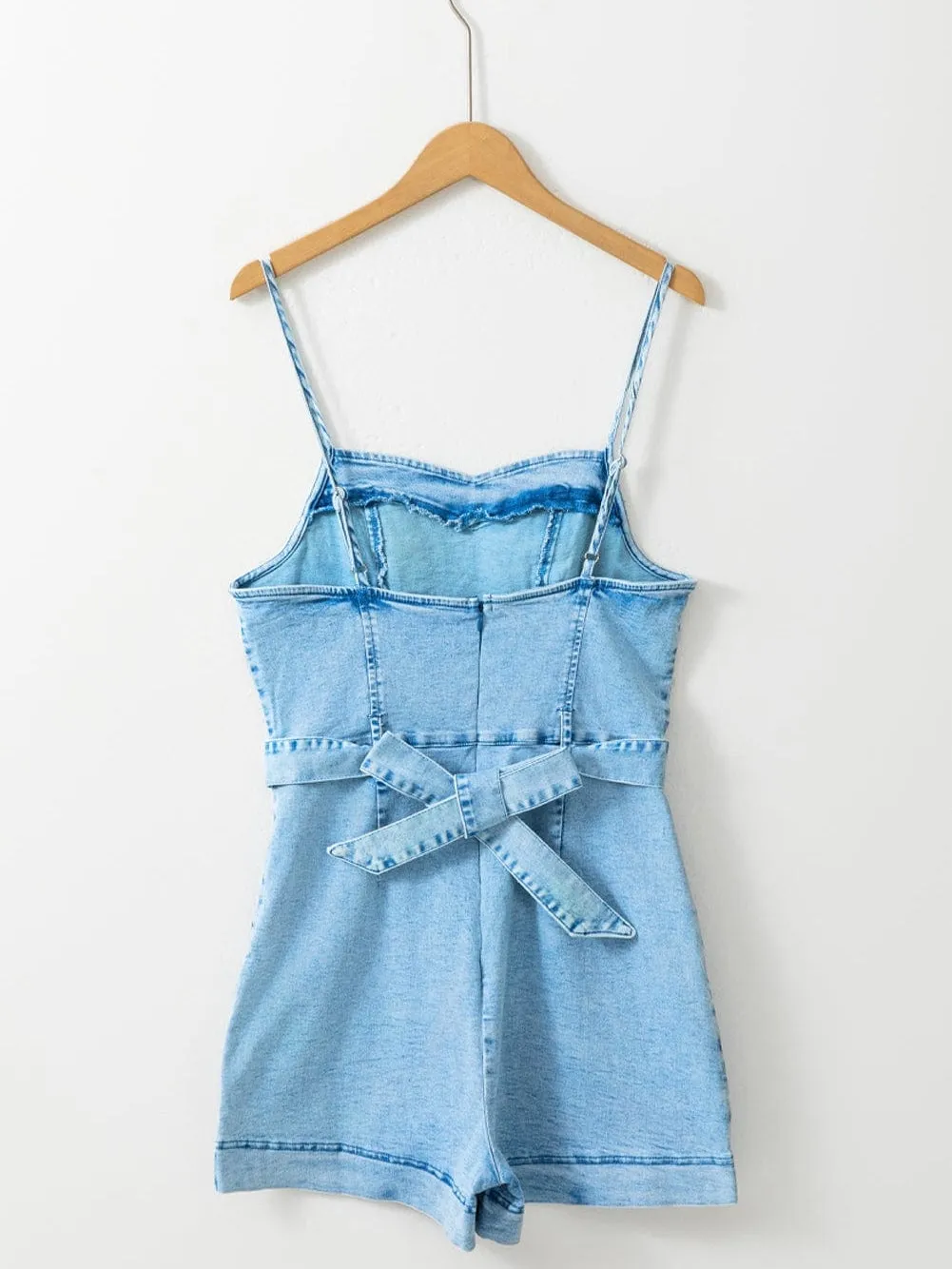 Belle Blue Denim Romper with Spaghetti Straps and Belt