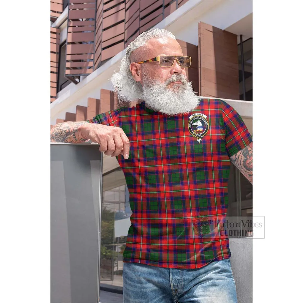 Belshes (Belsches) Tartan Cotton T-shirt with Family Crest and Bearded Skull Holding Bottles of Whiskey