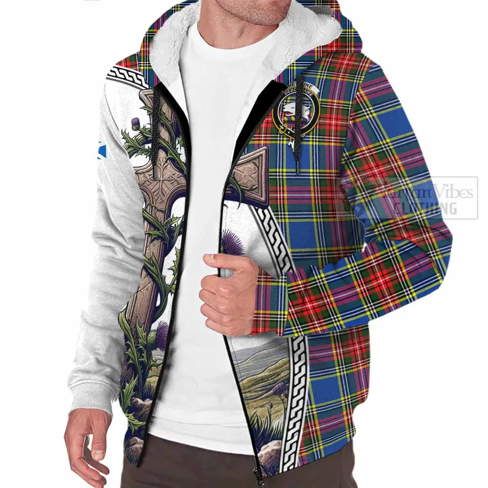 Bethune Tartan Sherpa Hoodie with Family Crest and St. Andrew's Cross Accented by Thistle Vines