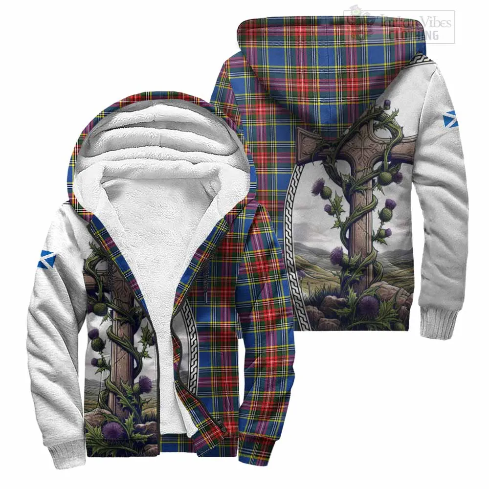 Bethune Tartan Sherpa Hoodie with Family Crest and St. Andrew's Cross Accented by Thistle Vines