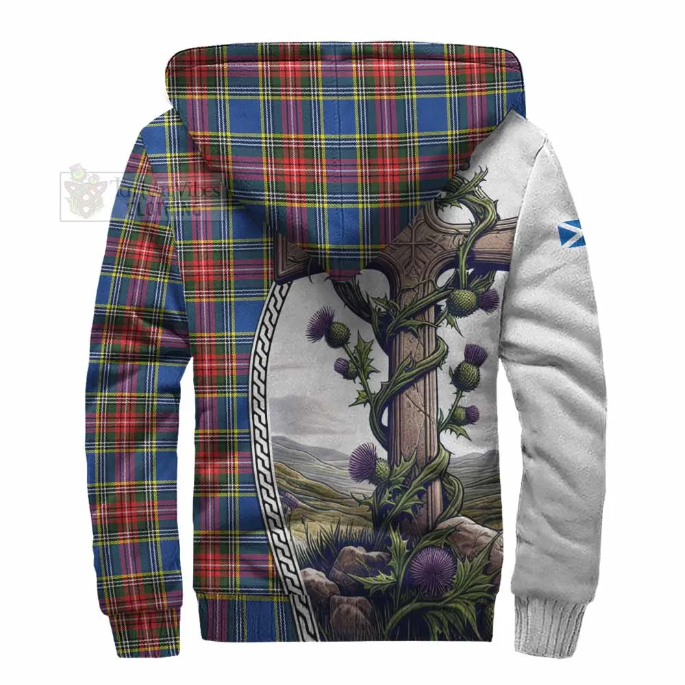 Bethune Tartan Sherpa Hoodie with Family Crest and St. Andrew's Cross Accented by Thistle Vines