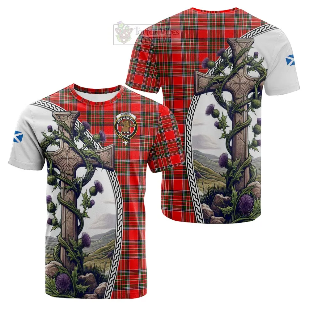 Binning Tartan Cotton T-shirt with Family Crest and St. Andrew's Cross Accented by Thistle Vines