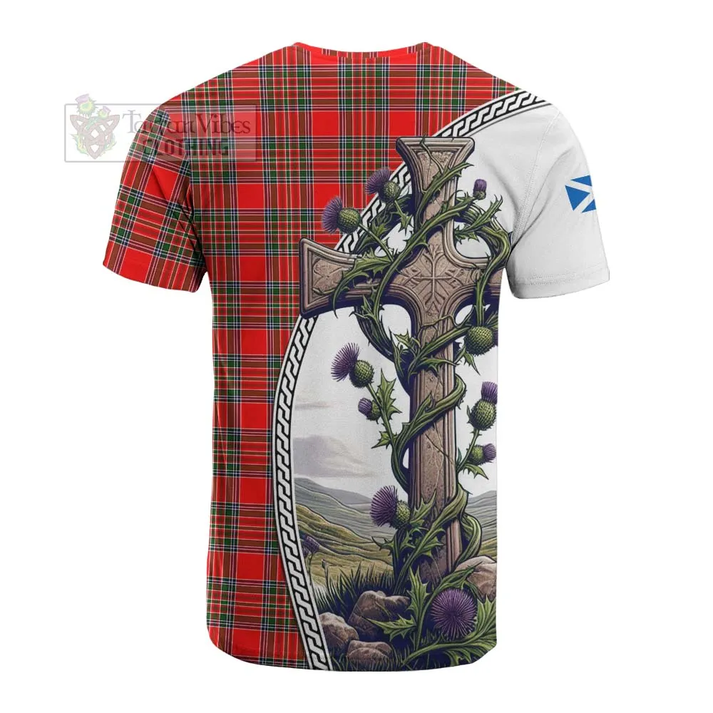 Binning Tartan Cotton T-shirt with Family Crest and St. Andrew's Cross Accented by Thistle Vines