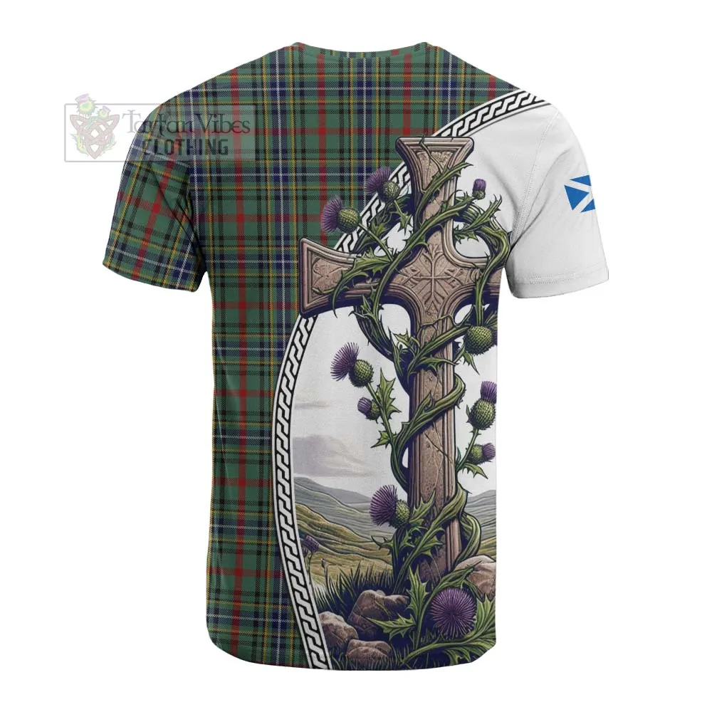 Bisset Tartan Cotton T-shirt with Family Crest and St. Andrew's Cross Accented by Thistle Vines