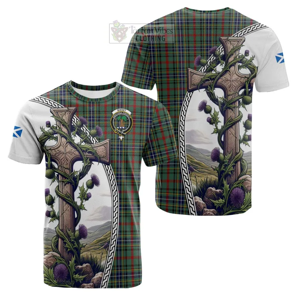 Bisset Tartan Cotton T-shirt with Family Crest and St. Andrew's Cross Accented by Thistle Vines