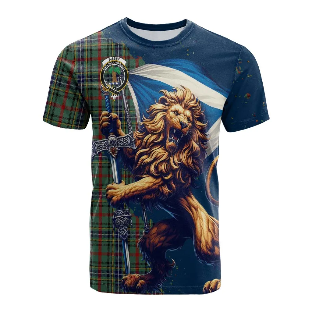 Bisset Tartan Family Crest Cotton T-shirt with Scottish Majestic Lion