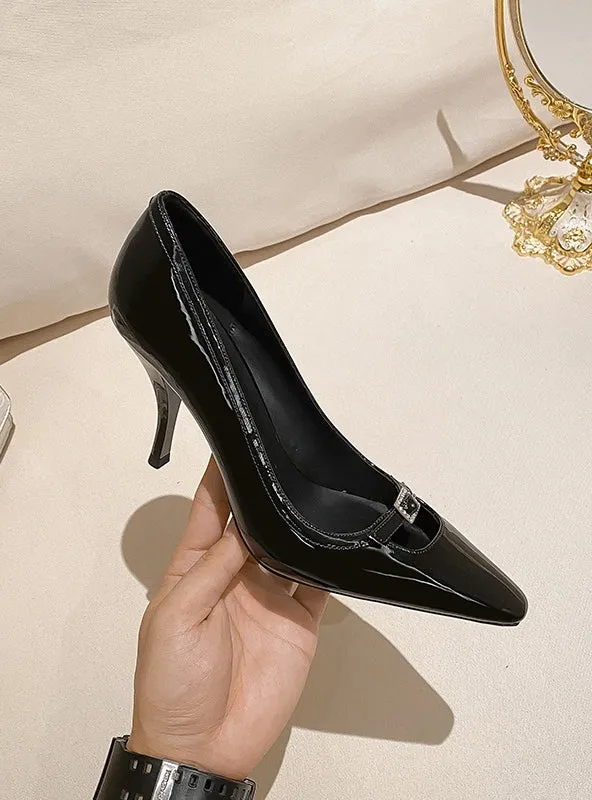 Black Leather Pointed Ladies High Heels