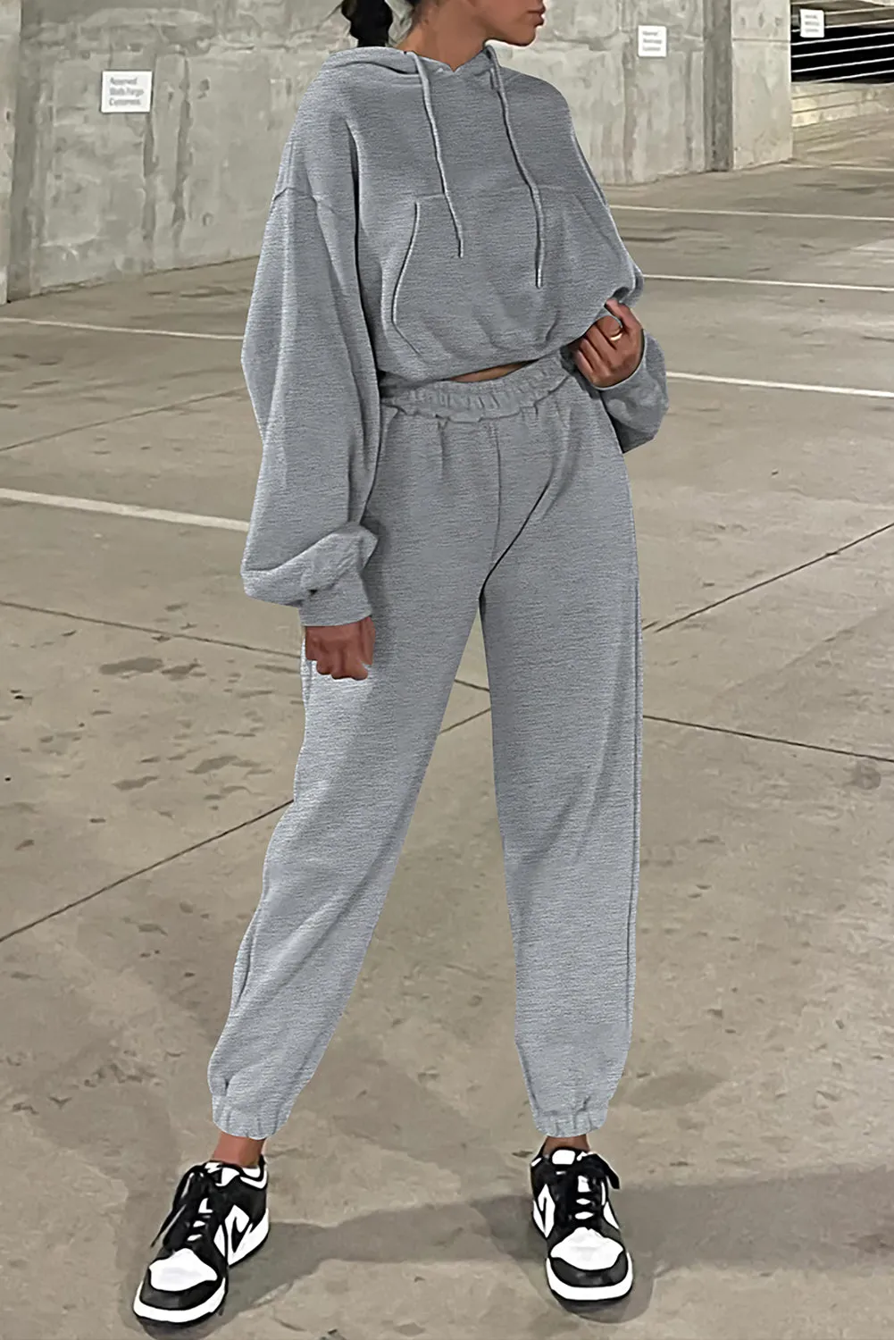 Black Plain Half Zip V Neck Ribbed Edge Loose Tracksuit