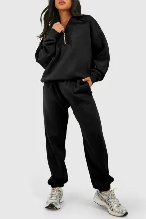 Black Plain Half Zip V Neck Ribbed Edge Loose Tracksuit