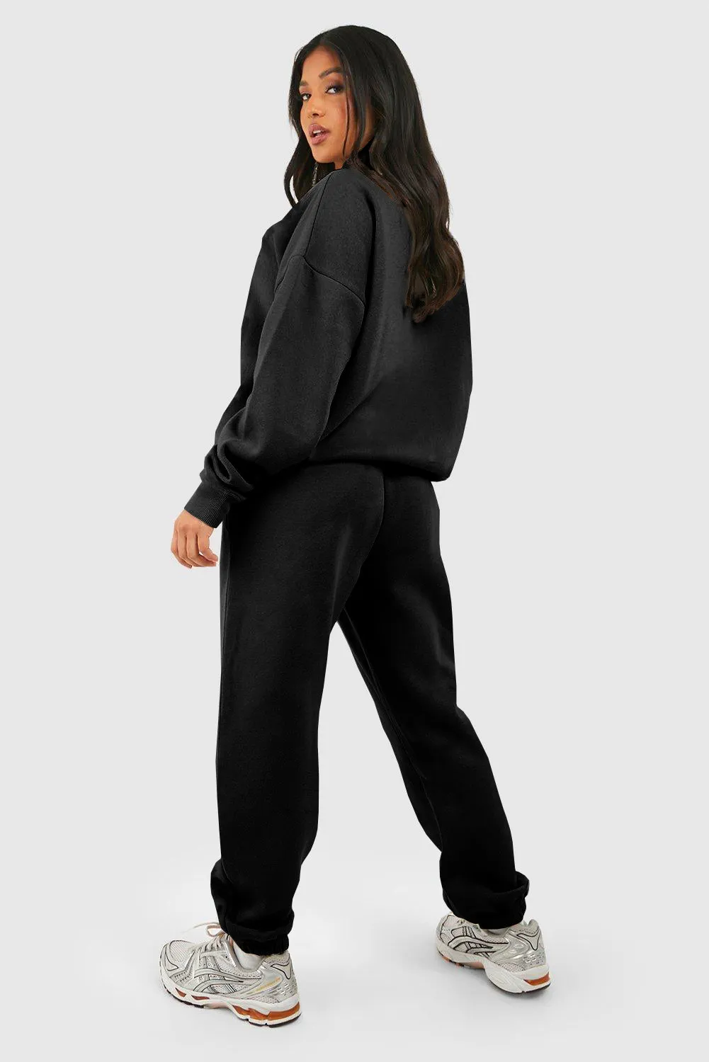 Black Plain Half Zip V Neck Ribbed Edge Loose Tracksuit