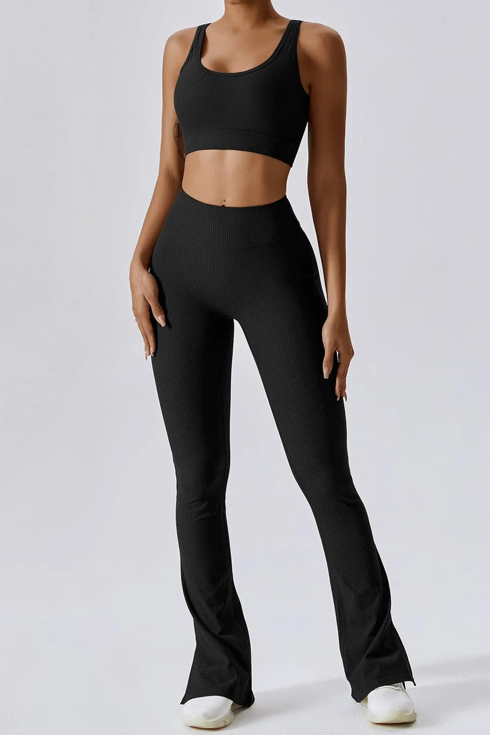 Black Ribbed U Neck Tank Top and Flared Leggings Set