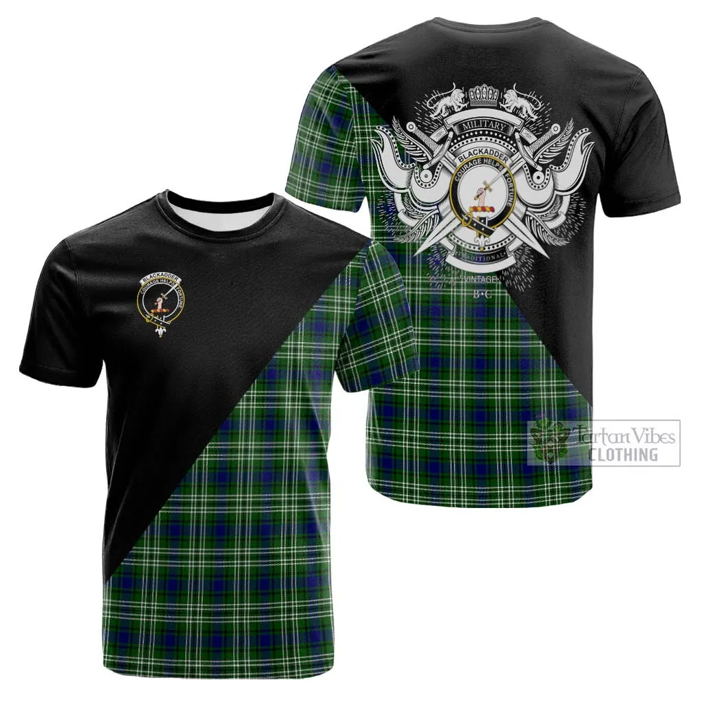 Blackadder Tartan Cotton T-shirt with Family Crest and Military Logo Style