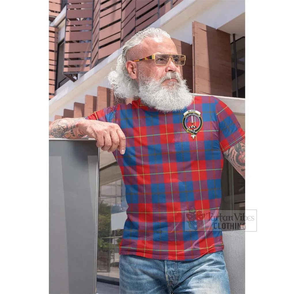 Blane Tartan Cotton T-shirt with Family Crest and Bearded Skull Holding Bottles of Whiskey