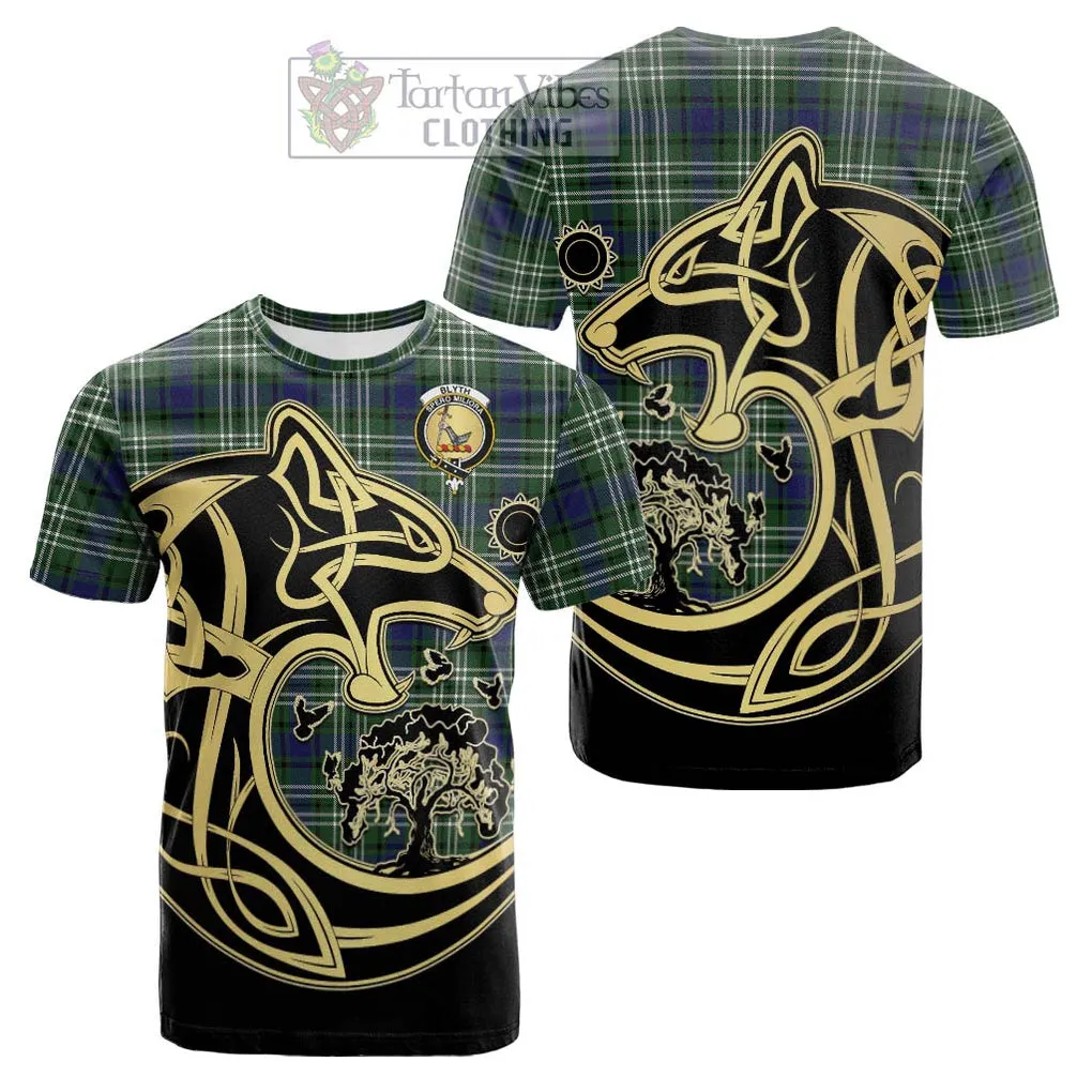 Blyth Tartan Cotton T-shirt with Family Crest Celtic Wolf Style