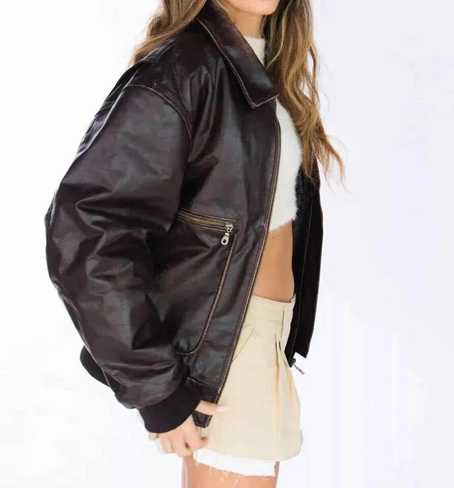 brown leather jacket women's oversized