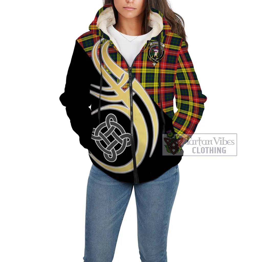 Buchanan Modern Tartan Sherpa Hoodie with Family Crest and Celtic Symbol Style