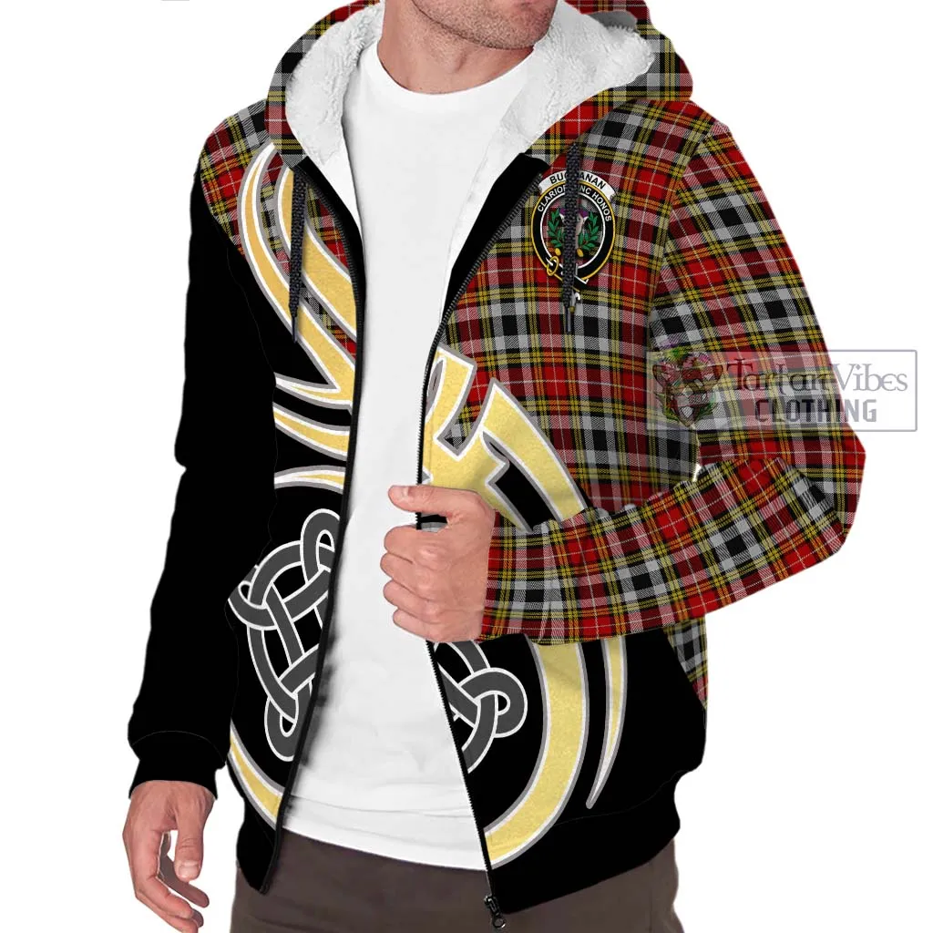 Buchanan Old Dress Tartan Sherpa Hoodie with Family Crest and Celtic Symbol Style