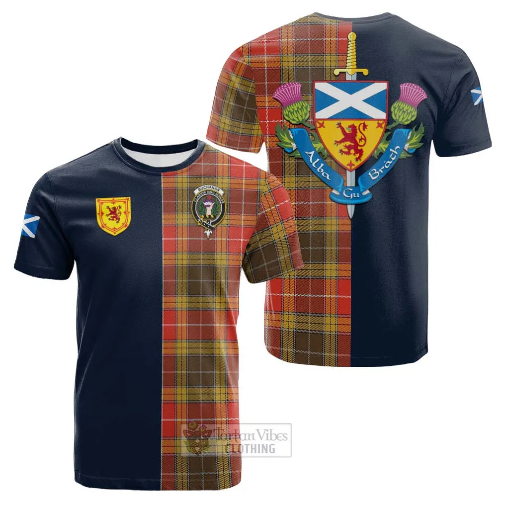 Buchanan Old Set Weathered Tartan Cotton T-shirt Alba with Scottish Lion Royal Arm Half Style