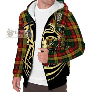 Buchanan Tartan Sherpa Hoodie with Family Crest Celtic Wolf Style