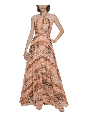 CALVIN KLEIN Womens Beige Zippered Ruched Keyhole Lined Animal Print Sleeveless Halter Full-Length Cocktail Gown Dress