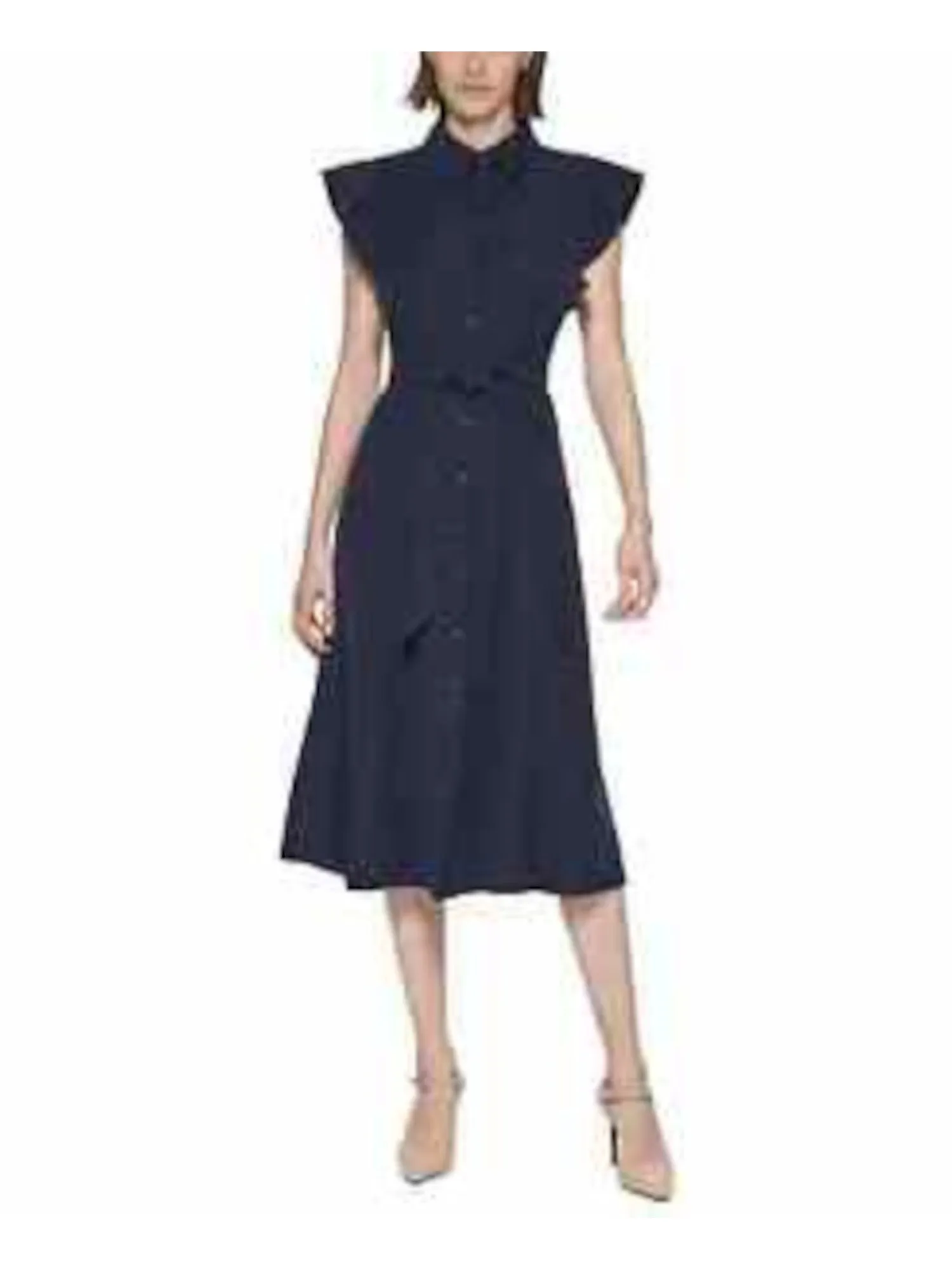 CALVIN KLEIN Womens Belted Flutter Sleeve Collared Below The Knee Shirt Dress