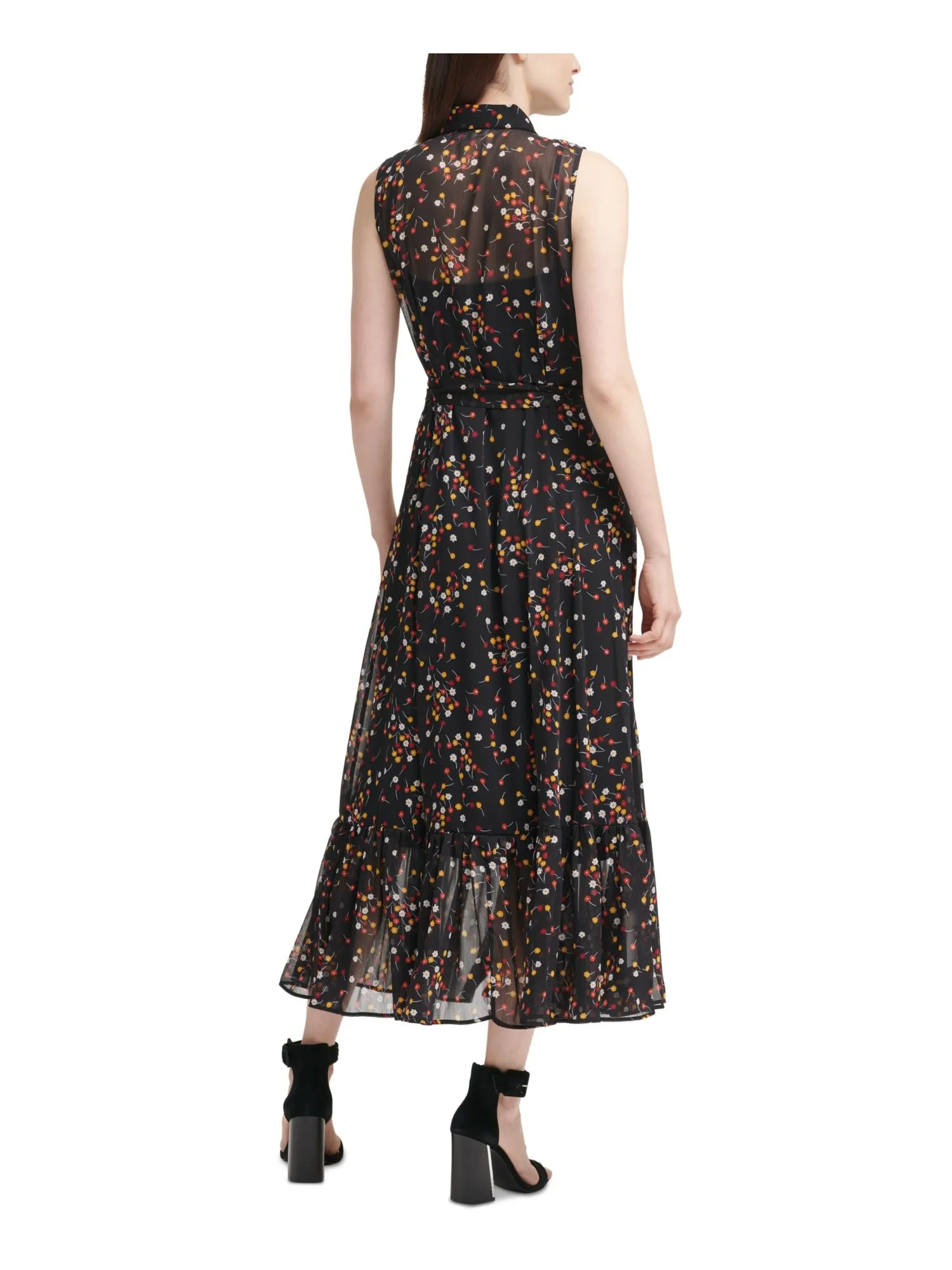 CALVIN KLEIN Womens Black Sheer Tie Button Front Lined Floral Sleeveless Point Collar Maxi Evening Dress