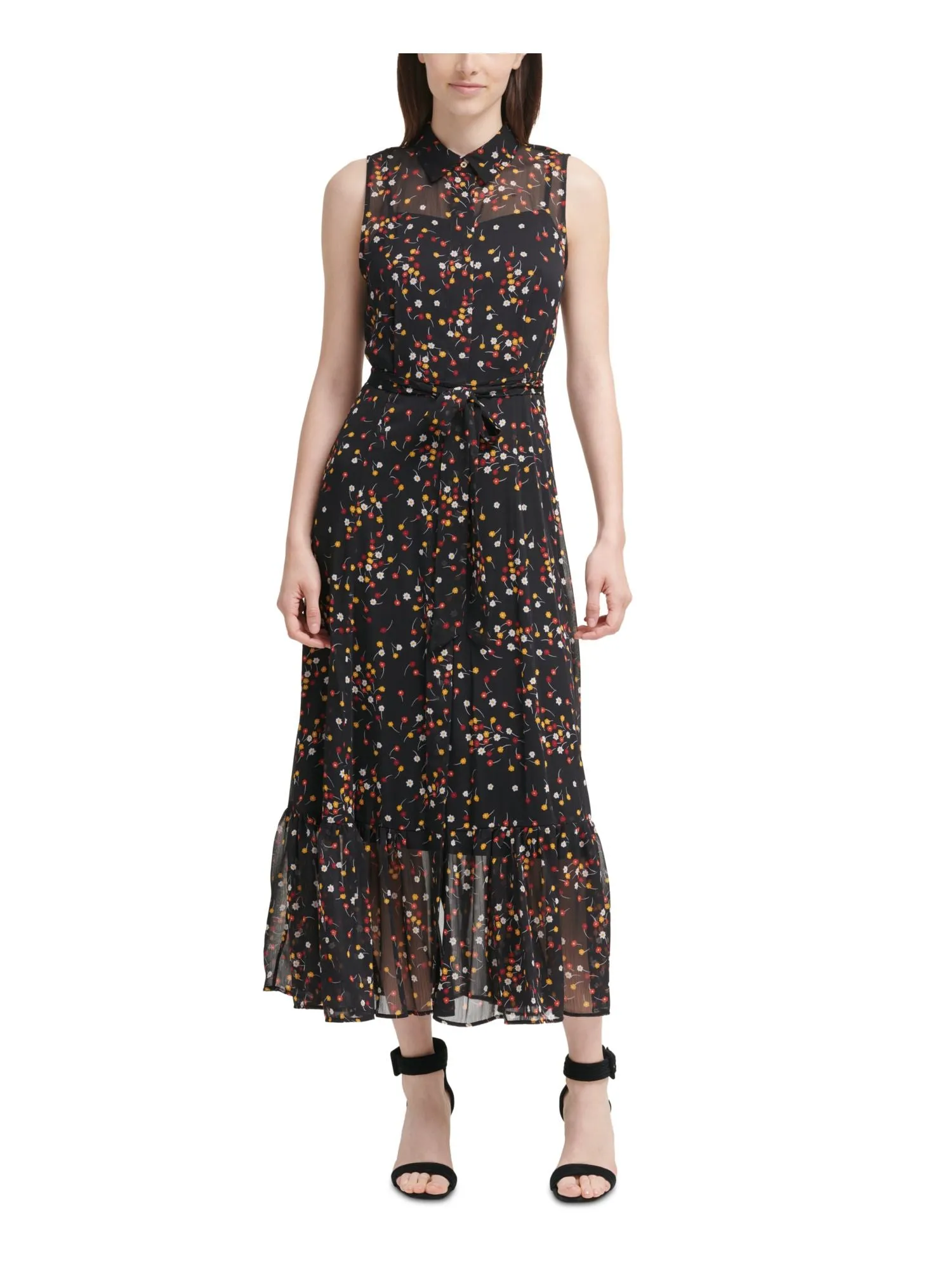 CALVIN KLEIN Womens Black Sheer Tie Button Front Lined Floral Sleeveless Point Collar Maxi Evening Dress