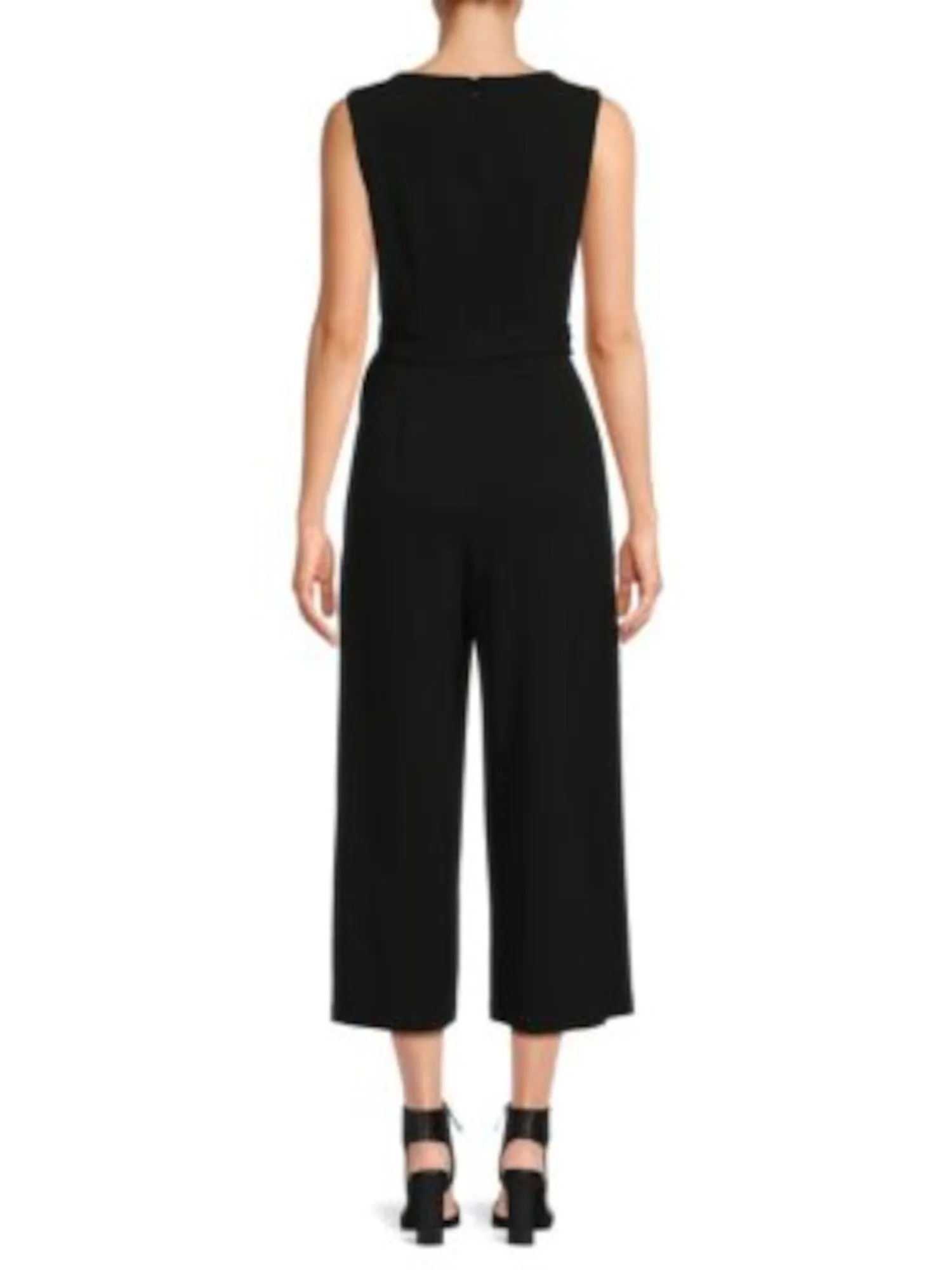 CALVIN KLEIN Womens Black Zippered Pocketed Pleated Tie-belt Cropped Sleeveless V Neck Wear To Work Straight leg Jumpsuit