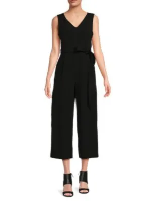 CALVIN KLEIN Womens Black Zippered Pocketed Pleated Tie-belt Cropped Sleeveless V Neck Wear To Work Straight leg Jumpsuit