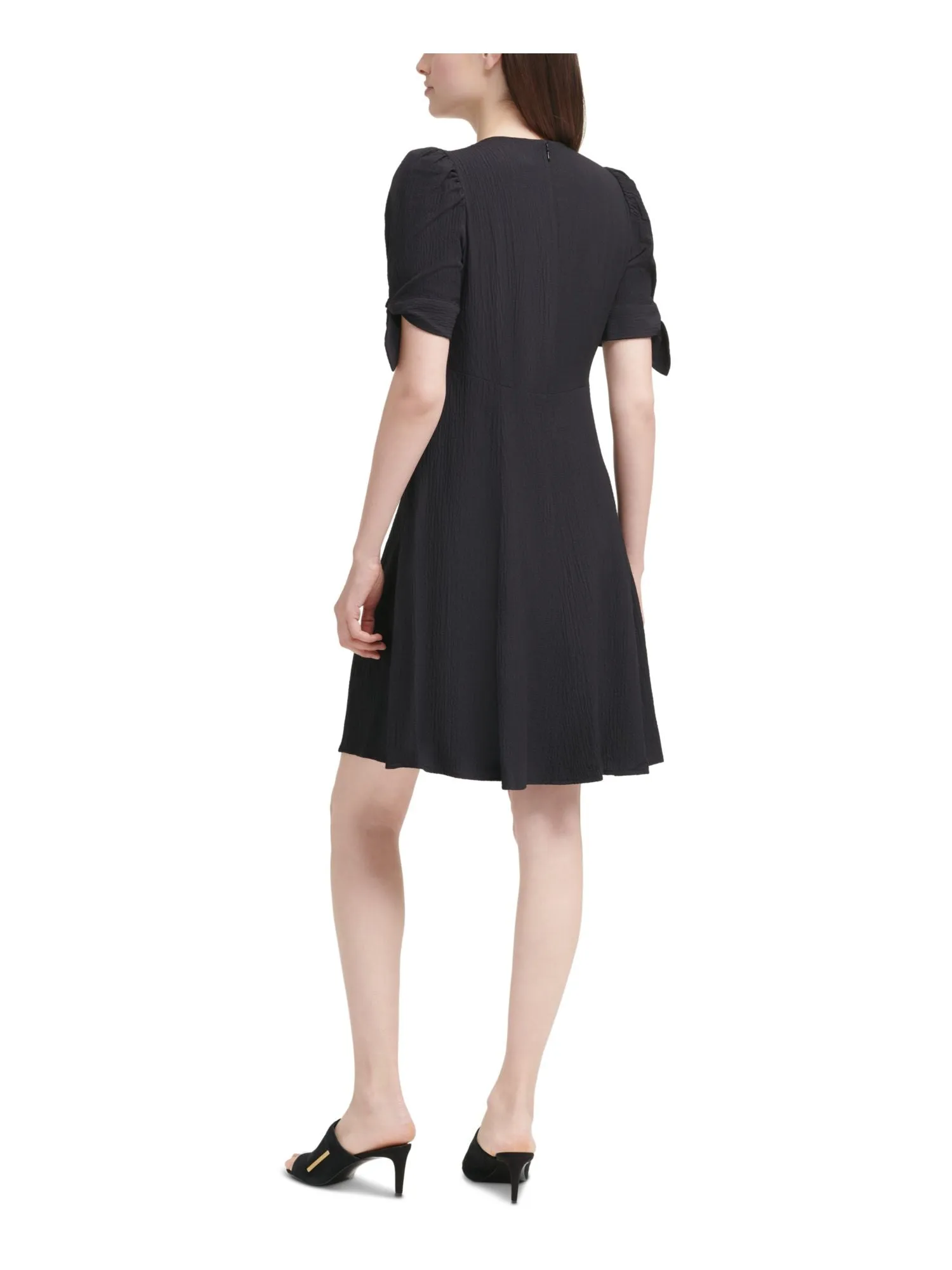 CALVIN KLEIN Womens Black Zippered Tie Sleeves Elbow Sleeve V Neck Above The Knee Wear To Work A-Line Dress