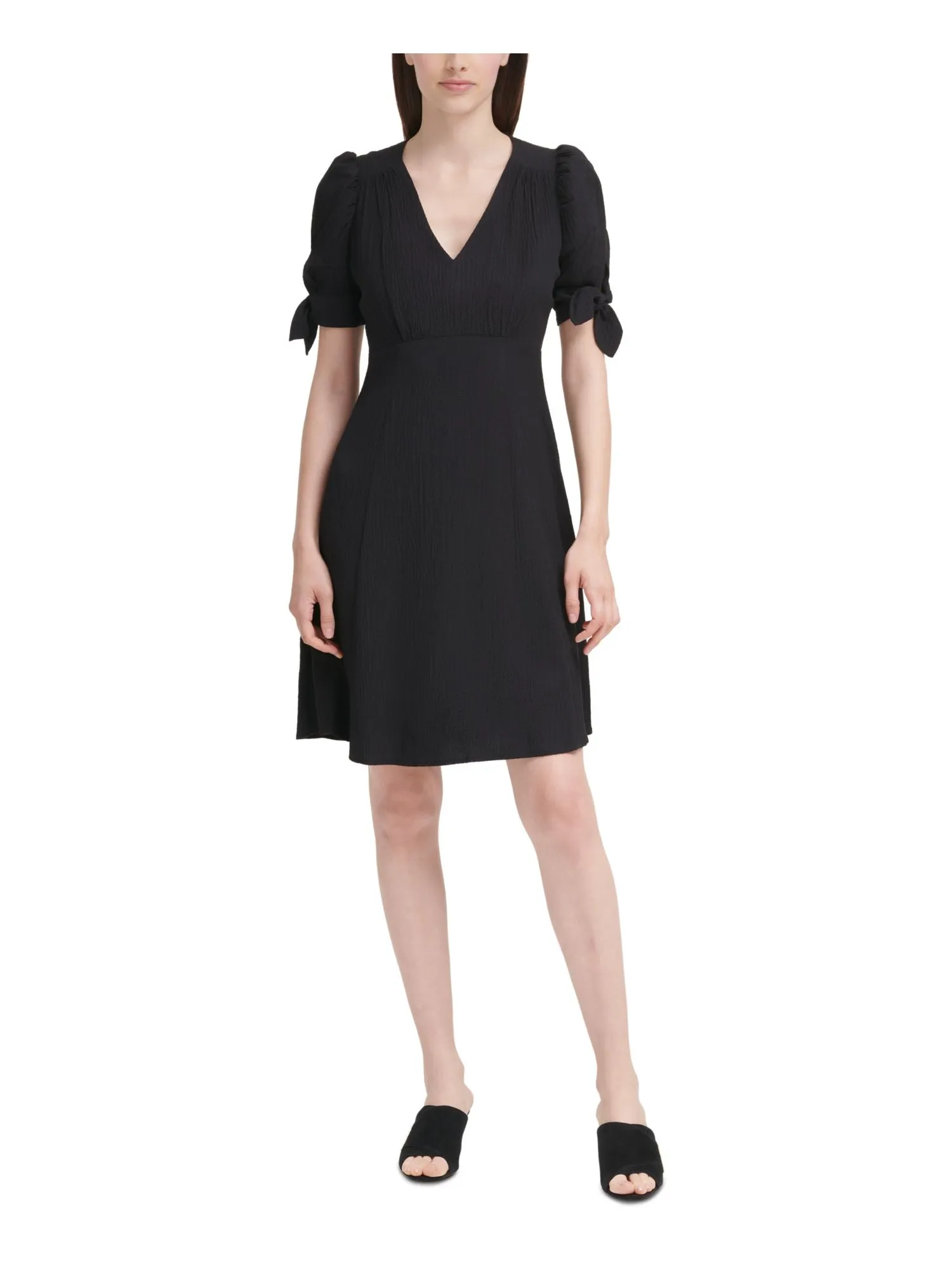 CALVIN KLEIN Womens Black Zippered Tie Sleeves Elbow Sleeve V Neck Above The Knee Wear To Work A-Line Dress