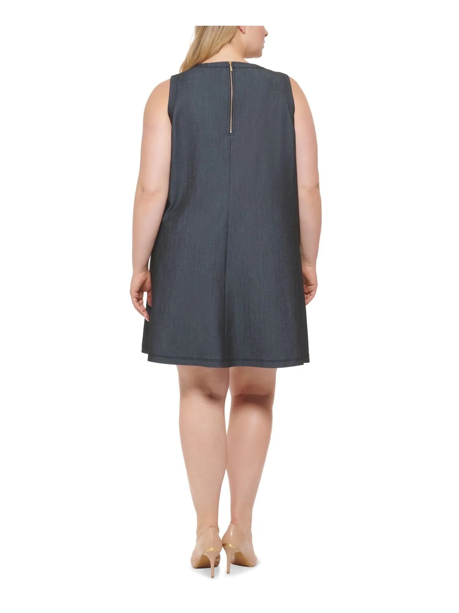 CALVIN KLEIN Womens Blue Zippered Unlined Pocketed Heather Sleeveless Round Neck Above The Knee Wear To Work Shift Dress