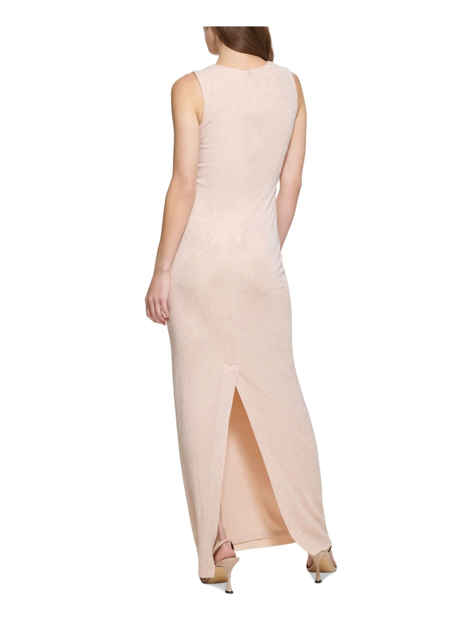 CALVIN KLEIN Womens Pink Embellished Zippered Ruched Lined Slit Sleeveless V Neck Full-Length Formal Gown Dress