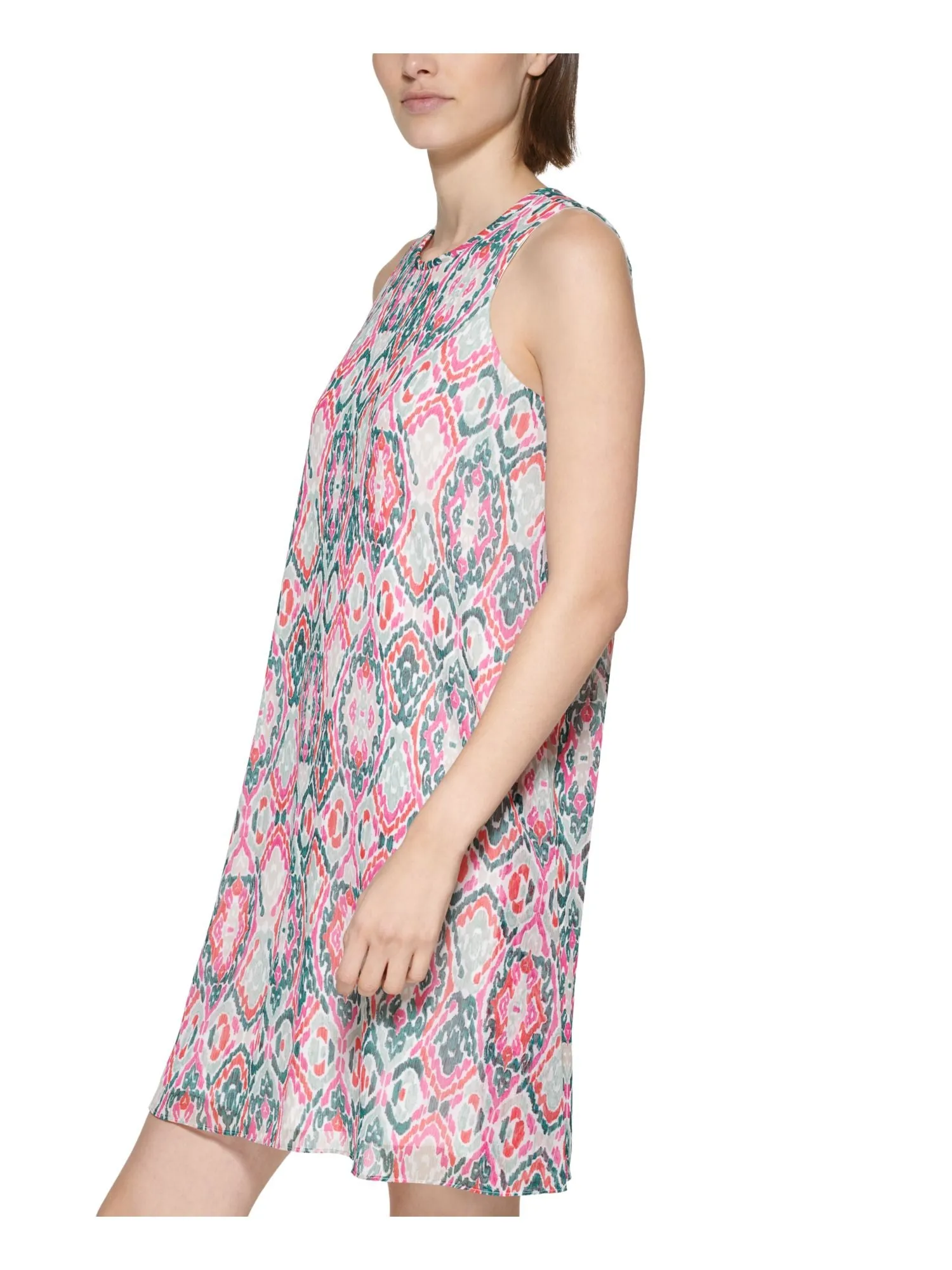 CALVIN KLEIN Womens Pink Printed Sleeveless Round Neck Above The Knee Shift Dress