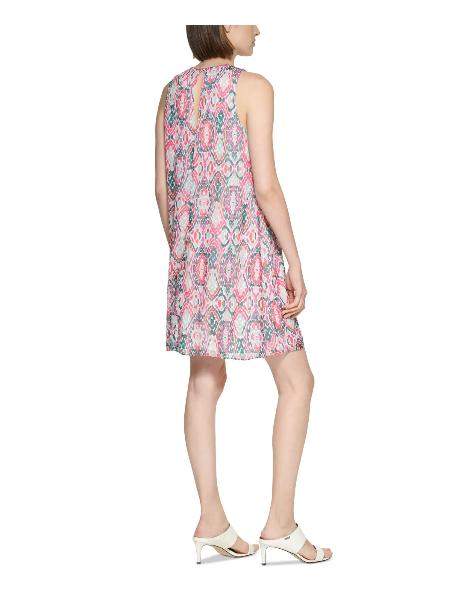 CALVIN KLEIN Womens Pink Printed Sleeveless Round Neck Above The Knee Shift Dress