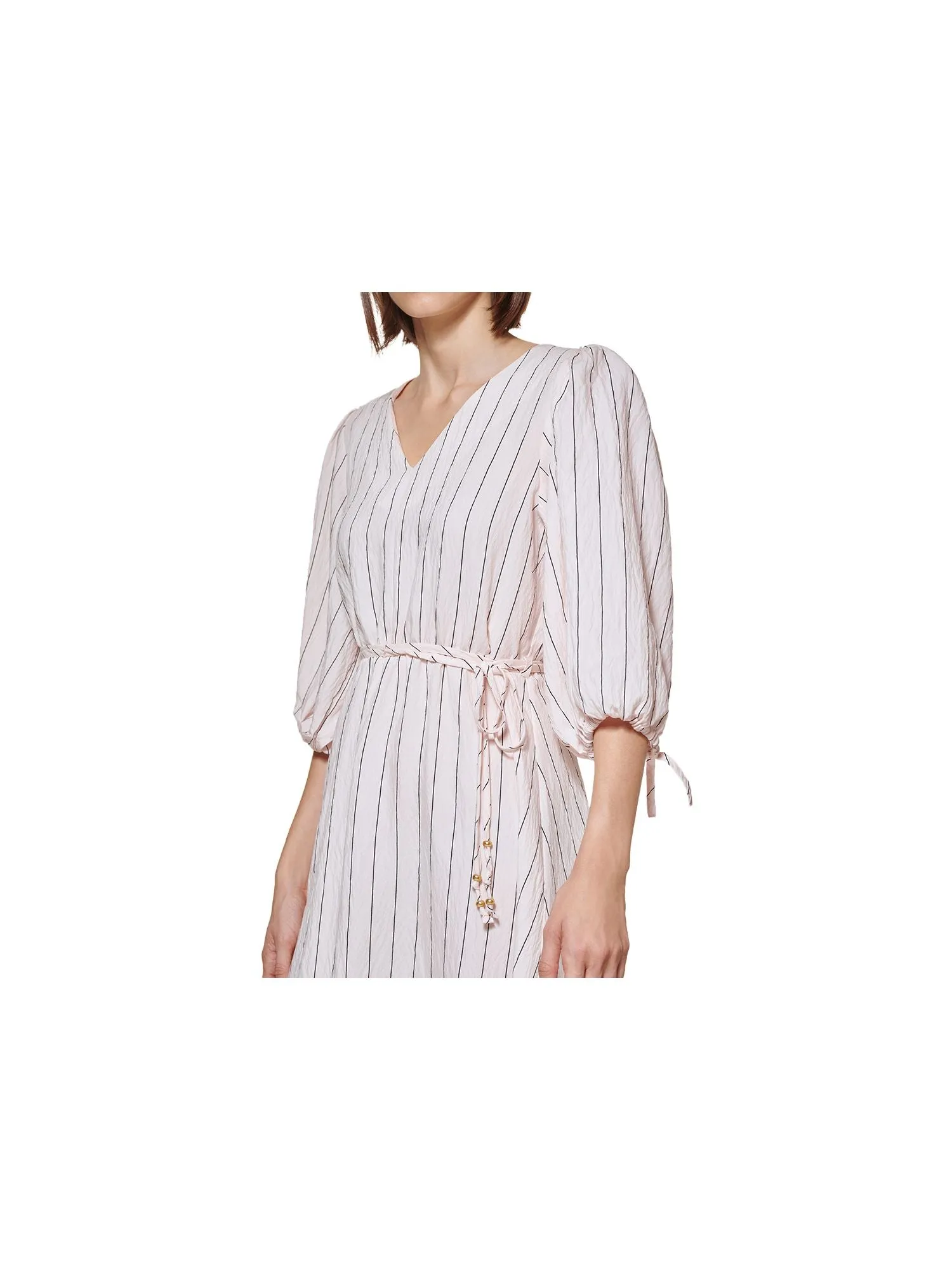 CALVIN KLEIN Womens Tie Striped Pouf Sleeve V Neck Midi Fit   Flare Dress