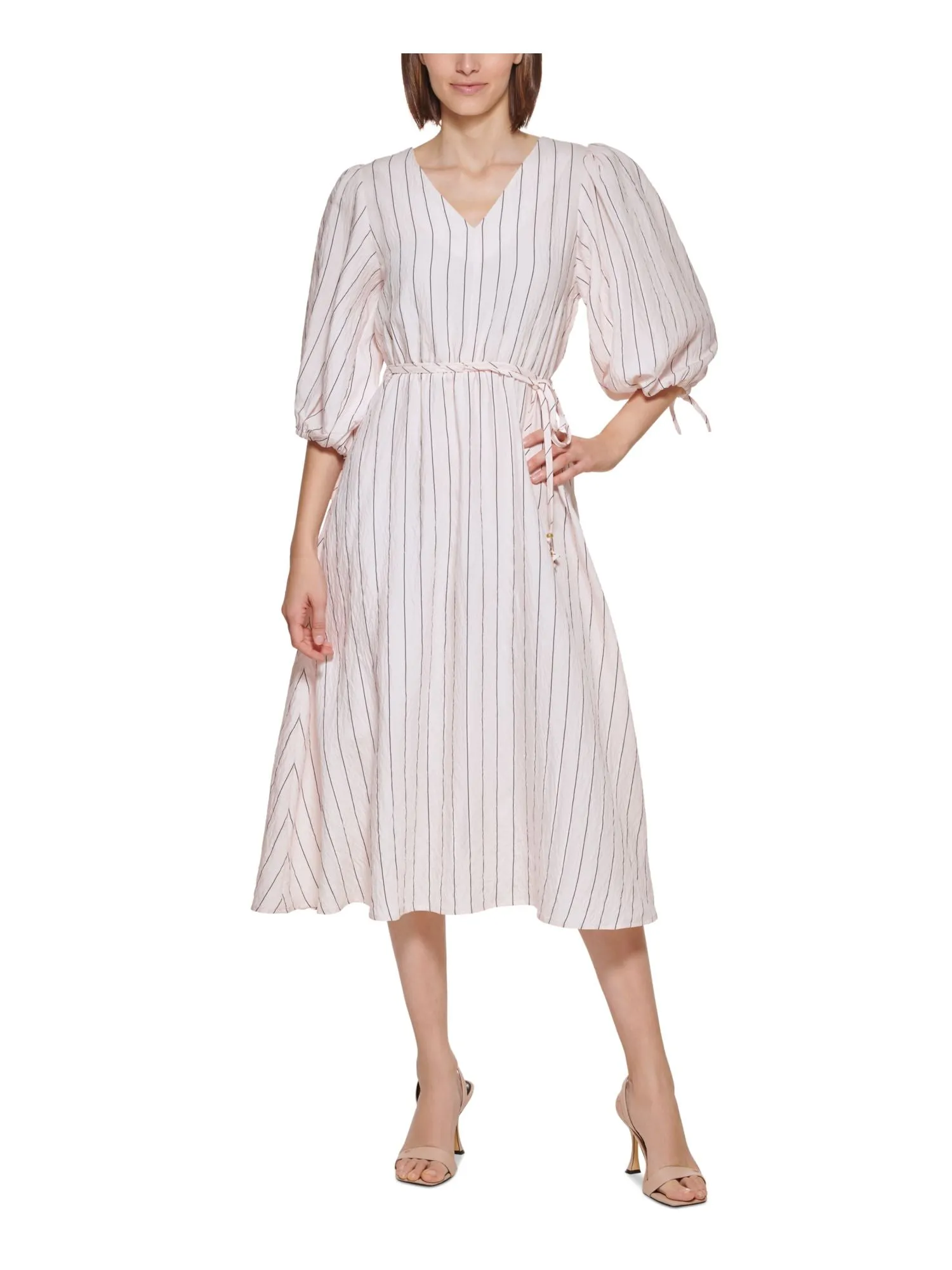 CALVIN KLEIN Womens Tie Striped Pouf Sleeve V Neck Midi Fit   Flare Dress