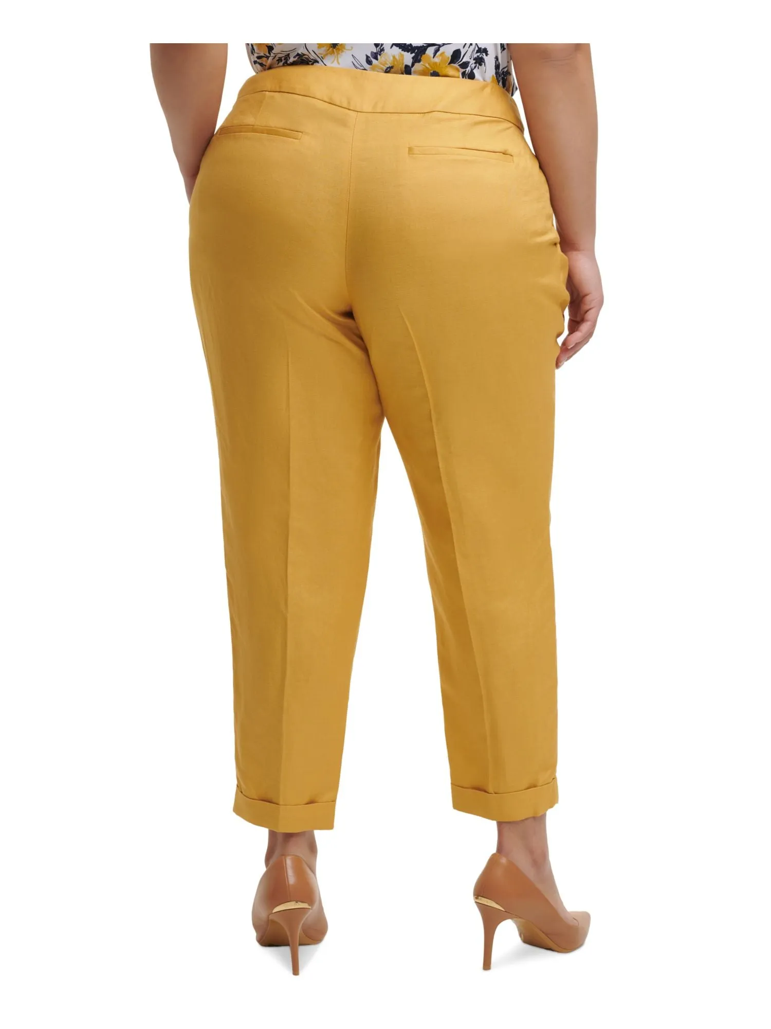 CALVIN KLEIN Womens Yellow Zippered Pocketed Creased Pleated Wear To Work Cuffed Pants