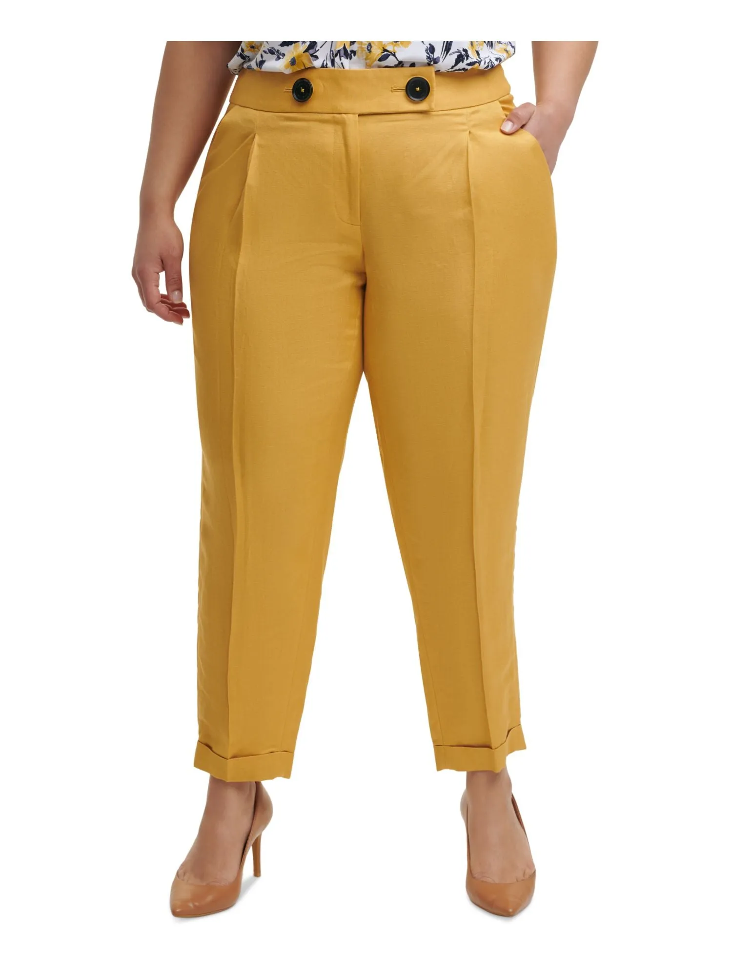 CALVIN KLEIN Womens Yellow Zippered Pocketed Creased Pleated Wear To Work Cuffed Pants