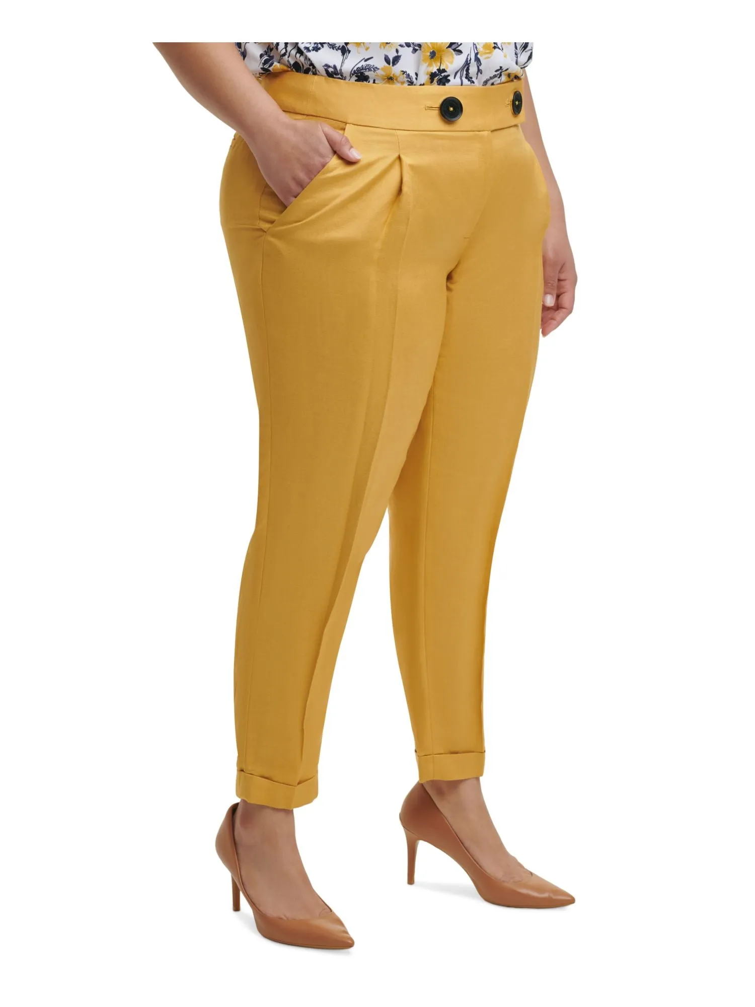 CALVIN KLEIN Womens Yellow Zippered Pocketed Creased Pleated Wear To Work Cuffed Pants