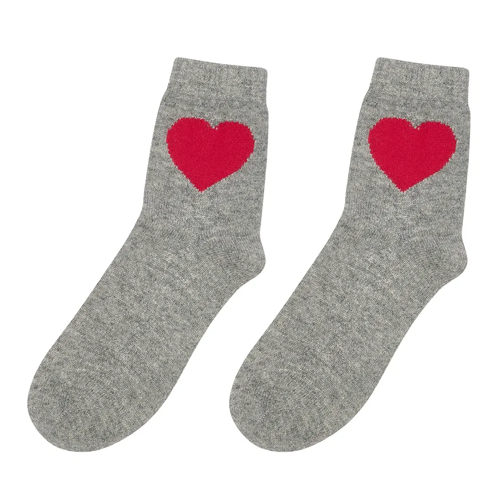 Cashmere Heart Socks in Mid Grey and Red