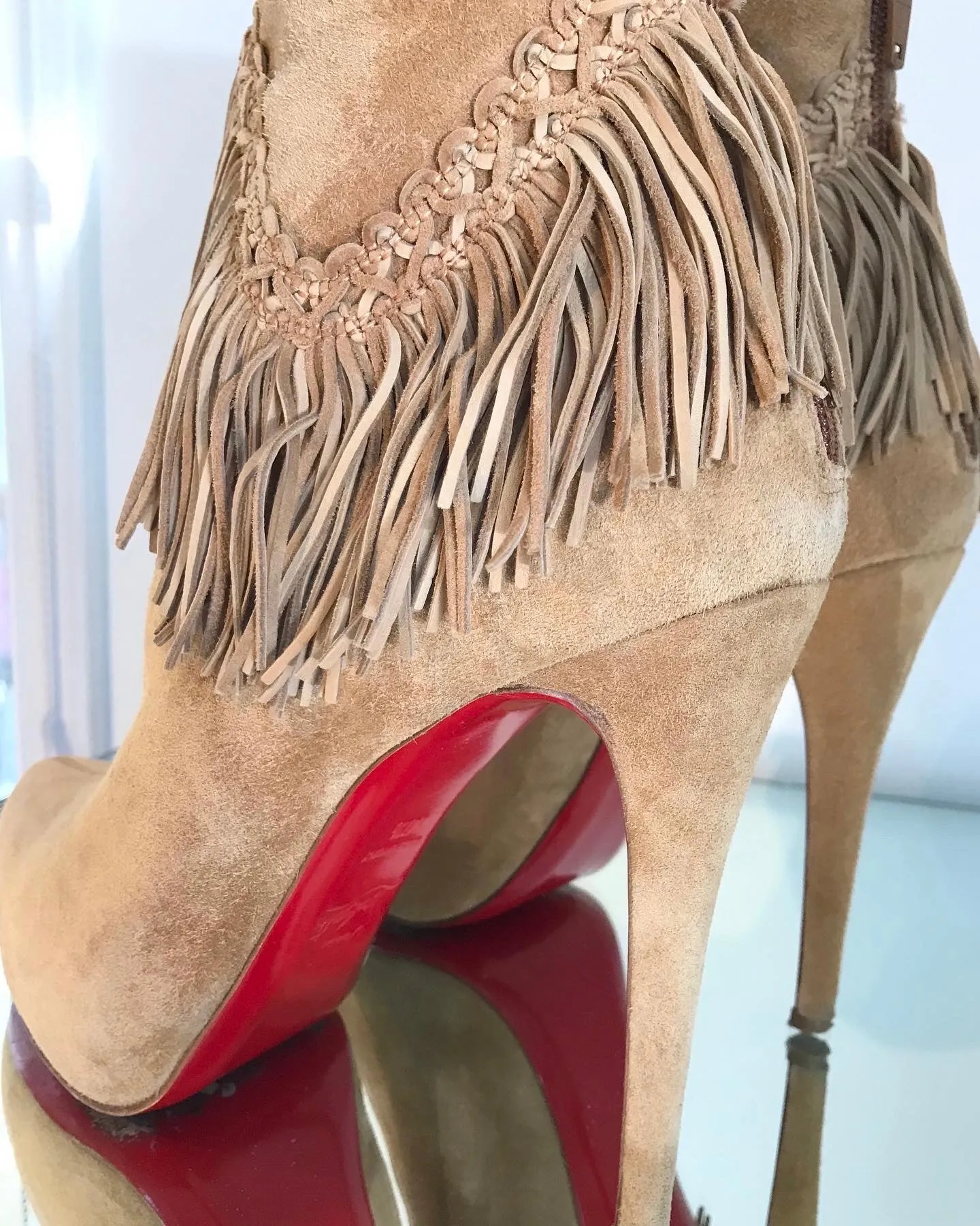 CHRISTIAN LOUBOUTIN ROM 120 Fringe Platform Suede High Heel Ankle Boots