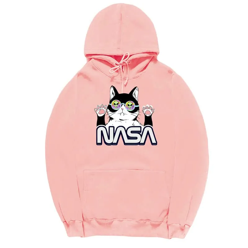 CORIRESHA Cat Lover Cute Hoodie Casual Long Sleeve Drawstring Cozy Teen NASA Sweatshirt