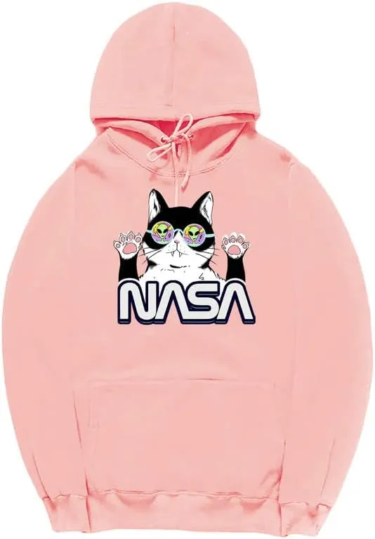 CORIRESHA Cat Lover Cute Hoodie Casual Long Sleeve Drawstring Cozy Teen NASA Sweatshirt