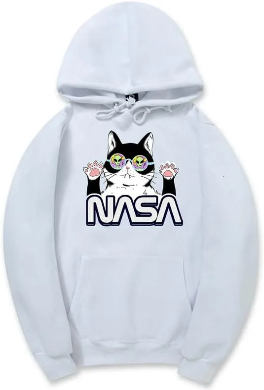 CORIRESHA Cat Lover Cute Hoodie Casual Long Sleeve Drawstring Cozy Teen NASA Sweatshirt