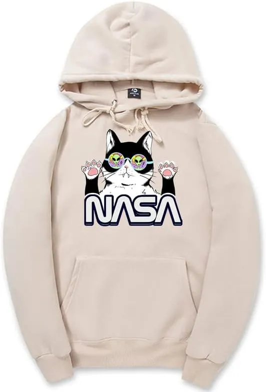 CORIRESHA Cat Lover Cute Hoodie Casual Long Sleeve Drawstring Cozy Teen NASA Sweatshirt