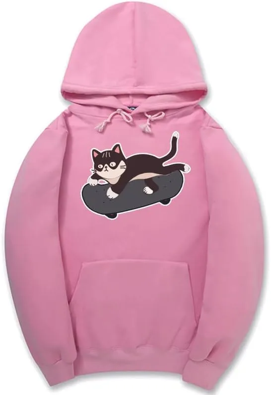 CORIRESHA Cat Lovers Cute Hoodie Skateboard Casual Drawstring Long Sleeve Unisex Sweatshirt