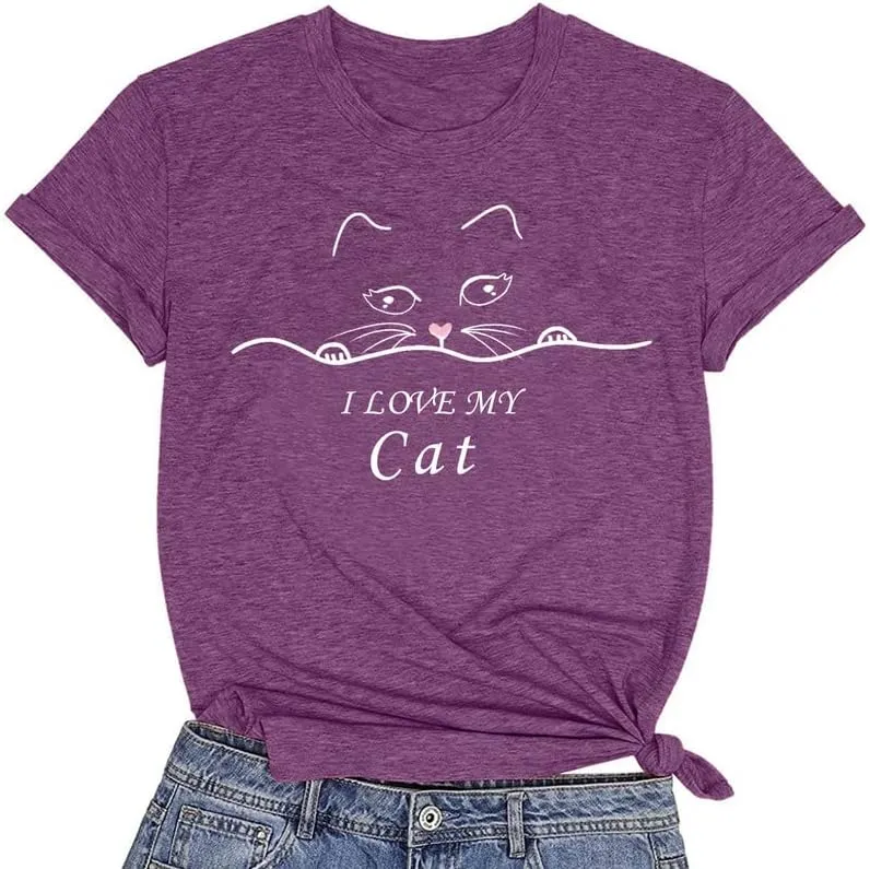 CORIRESHA Cat Lovers T-Shirt Short Sleeve Round Neck Casual Soft Cute Top