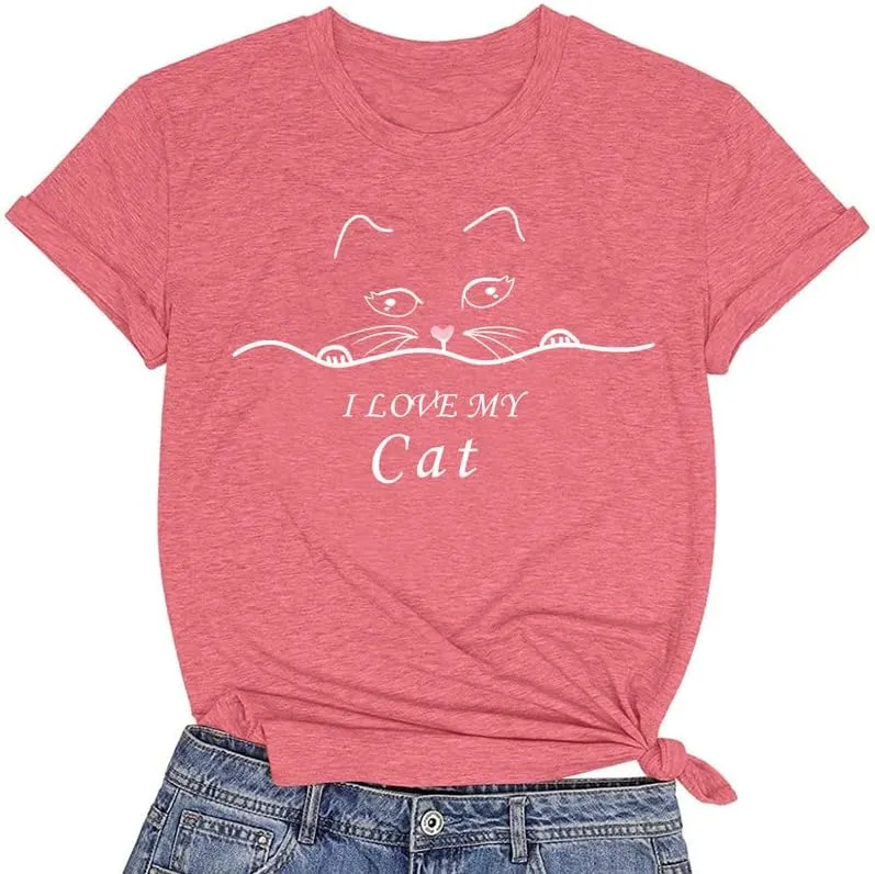 CORIRESHA Cat Lovers T-Shirt Short Sleeve Round Neck Casual Soft Cute Top